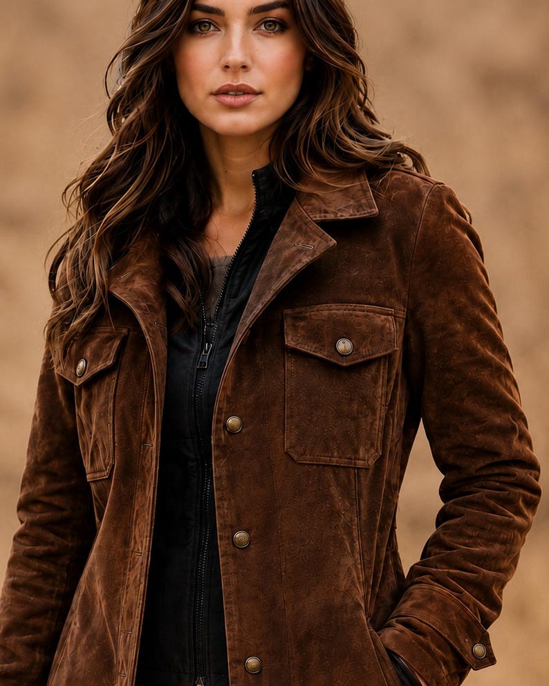 May include: A dark brown suede jacket featuring a collared neckline, a button-down front closure, and two chest pockets with buttoned flaps. The jacket is layered over a black zippered garment, showcasing a structured design with long sleeves.