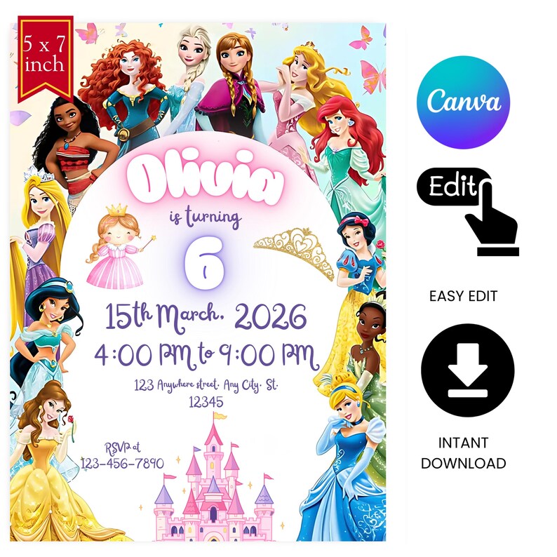 Editable Any Age Princess Birthday Invitation, Royal Princess Theme ...