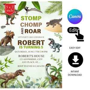 Puede incluir: Invitación a una fiesta de cumpleaños con temática de dinosaurios de 12,7 x 17,8 cm. El diseño presenta varias ilustraciones de dinosaurios, follaje verde y el texto «STOMP, CHOMP, AND ROAR». La invitación incluye el texto «ROBERT CUMPLE 5 AÑOS».