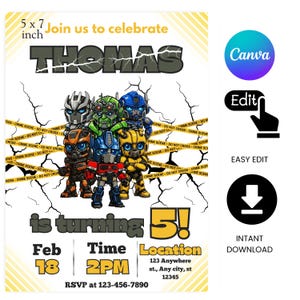 May include: A 5x7 inch invitation card featuring cartoon robots, the name "THOMAS", and the text "is turning 5!" The invitation includes date, time, location, and RSVP information. The design has a cracked background and crime scene tape.