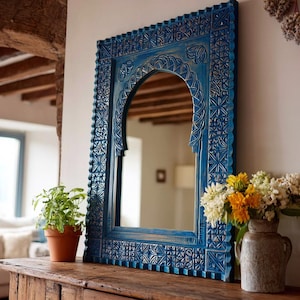 Moroccan Hand Carved Wooden Mirror - Carved Mirror in Vintage Style - Old Wall Mirror - Decor Wood Mirror - Farmhouse Wall Decor.