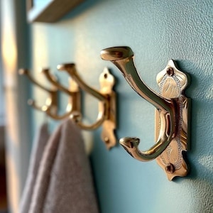 May include: A row of brass coat hooks mounted on a light blue wall. The hooks have a curved design with decorative backplates. A beige towel hangs from one of the hooks. The hooks are in focus, with the background slightly blurred.