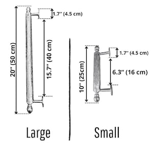 May include: Silver-toned door handles, labeled "Large" and "Small." The large handle is 20 inches (50 cm) long, and the small handle is 10 inches (25 cm) long. Both handles have a width of 1.7 inches (4.5 cm).