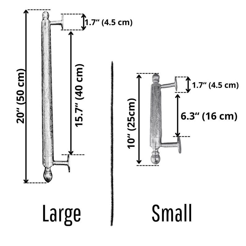 May include: Silver-toned door handles, labeled "Large" and "Small." The large handle is 20 inches (50 cm) long, and the small handle is 10 inches (25 cm) long. Both handles have a width of 1.7 inches (4.5 cm).