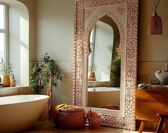 Large Hand Carved Wooden Mirror - Moroccan Carved Mirror in Vintage Style - Old Wall Mirror - Decor Wood Mirror - Farmhouse Wall Decor.