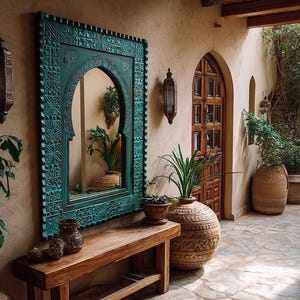 May include: An outdoor scene featuring a teal-framed mirror with intricate carvings, reflecting plants and a warm-toned interior. A wooden bench holds decorative vases. The space includes a wooden door, stone flooring, and potted plants, creating a serene, earthy ambiance.
