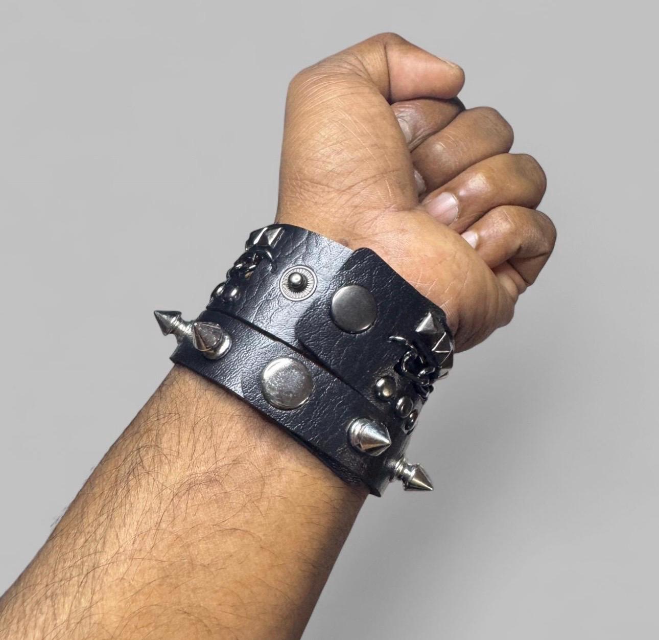 Vintage Black Leather Spike Bracelet Punk Cuff With Silver Studs