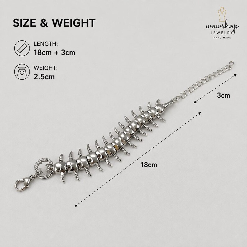 May include: A silver-toned centipede-shaped bracelet with a lobster clasp and an extension chain. The main body measures 18cm in length with a 3cm extension. The text on the image indicates a length of 18cm + 3cm and a weight of 2.5cm.