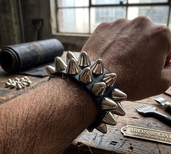 Vintage Studded Black Leather Spiked Wristband, Alternative Fashion, Punk Rock, Goth, Metal, Edgy Men's Accessory
