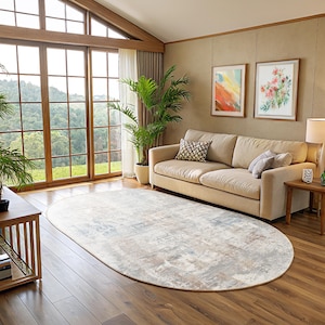 Oval Beige Blue Rug, Vintage, Modern Design, Soft Modern Washable Area Carpet, Neutral Oval Rug for Living Room, Custom Sizes Available