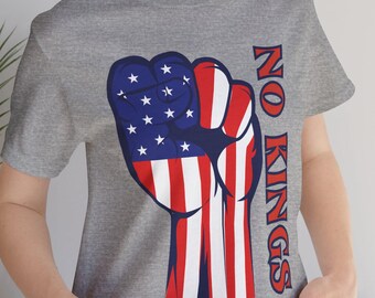 Express Shipping No Kings Red White and Blue Raised Fist Unisex T-shirt, Raised Fist Protest Shirt Supporting Democracy