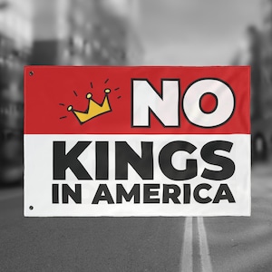 May include: A rectangular flag with a red top section featuring a yellow crown graphic and the word "NO" in white. The bottom section is white with the words "KINGS IN AMERICA" in black.
