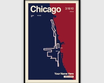 May include: A framed poster featuring a Chicago marathon route map in white lines on a split navy blue and dark red background. Text includes Chicago, 3:19:10, 10.12.25, Sunny 50, Your Name Here, and BIB #HERE. The design shows start and finish points.
