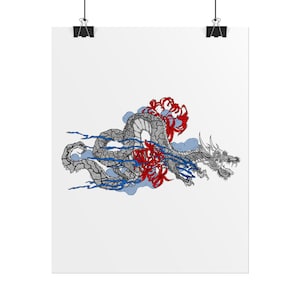 Japanese Dragon Tattoo Poster Black and White Irezumi Art with Red Spider Lilies, Bold Asian Wall Print, Mythical Tattoo-Inspired Decor