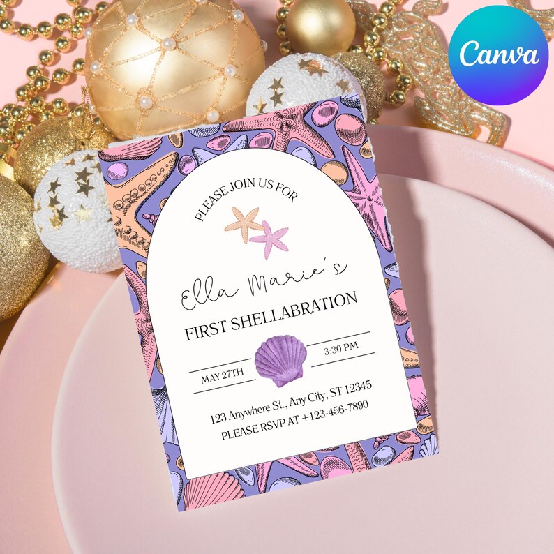 Editable Seashell Birthday Invitation | First Shellabration Canva ...