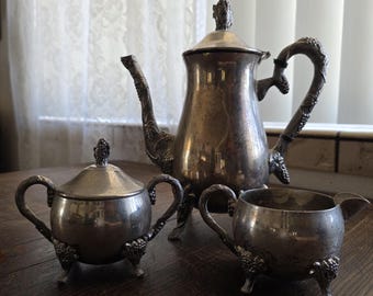 Vintage verzilverde theepot, room, suikerpot met deksel 4-delige set