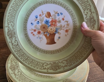 Antika vintage matskåpstallrikar Tirschenreuth tillverkade i Bovaria tallrikar set med 4 gröna korgar mönster mycket vacker