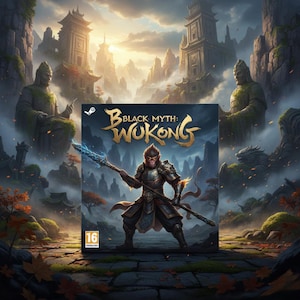 May include: A video game box for "Black Myth: Wukong" featuring a monkey warrior holding a spear. The box art is set against a backdrop of ancient Chinese architecture and landscapes, with a rating of 16.