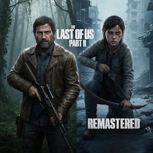 以下が含まれることがあります： 「The Last of Us Part II Remastered」のゲームカバーアート。革のジャケットを着た男性がライフルを持ち、女性が弓矢でひざまずいています。背景には森と廃墟となった都市が描かれています。