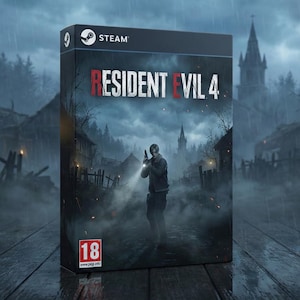 May include: A video game box for Resident Evil 4, featuring a man holding a gun in a dark, rainy environment. The Steam logo is at the top, with the game title in red and white. The PEGI rating 18 is visible.