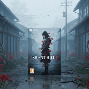 May include: The "SILENT HILL f" game box art depicts a person in a dark uniform with red floral details. The Steam logo is present. The background shows a misty Japanese townscape with red flowers and aged buildings.