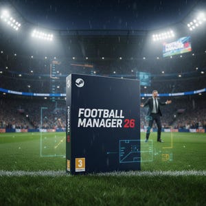 Può includere: Scatola blu scuro del videogioco "Football Manager 26" con il logo Steam, su un campo da calcio. Un uomo in giacca e cravatta è in piedi sul campo. Il gioco ha una classificazione PEGI 3.
