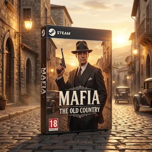 Op de afbeelding: Videogamebox "Mafia: The Old Country" met een man in pak en hoed die een pistool vasthoudt. Het Steam-logo is zichtbaar. De achtergrond toont een geplaveide straat met oldtimers en gebouwen.