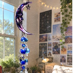 Moon Suncatcher for Dorm Room, Crystal Rainbow Maker, Celestial Window Hanging, Moon Room Decor, Boho Dorm Gift