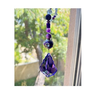 Lotus Crystal Suncatcher | Purple Beaded Boho Window Hanging | Rainbow Light Catcher | Spiritual Window Decoration