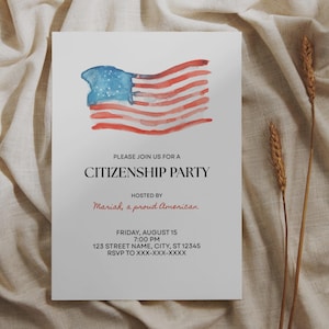 Citizenship Party Invitation, U.S. Naturalization Celebration Invite, American Flag Theme Editable Template, Red White Blue Stars Printable
