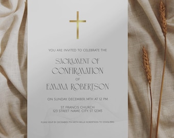 Uitnodiging sacramentbevestiging, elegante katholieke sacramentuitnodiging, moderne religieuze ceremonie afdrukbare, minimalistische bevestiging uitnodiging