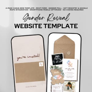 Puede incluir: Una plantilla de sitio web Canva de 4 páginas para revelación de género con formulario RSVP, encuesta, lista de regalos e integración de Google Maps. El diseño optimizado para móviles muestra una invitación digital con sobre y ecografía.