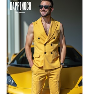 Yellow 2 Piece Set For Men, Peak Lapel Double Breasted Lapel Vest & Pant, Formalwear, Jacket For Men, Men Wedding Attire. Best Gift For Him.