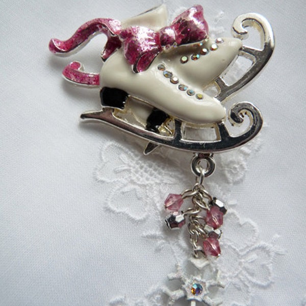 1980s Winter White Skates Brooch with Pink Ribbons Christmas Holidays Signed AJMC