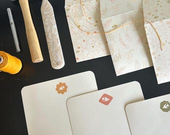 Luxury Handmade Stationery – Button and String Envelopes with Matching A2 Notecards, Rare Find Bird & Floral Pattern