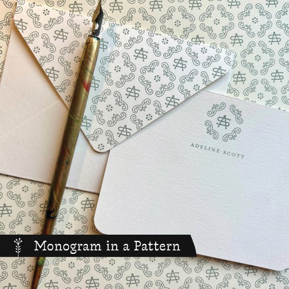 Personalized Monogram Stationery Set No. 1 | Handmade Envelopes, Custom Notecards, Green Pattern