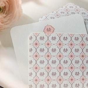 May include: A stack of square paper cards with rounded corners. The top card features a repeating pattern of interlocking grey lines forming diamond shapes with small pink floral accents and a central monogram of the letters MVP in grey.