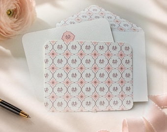 Personalized Monogram Stationery Set No. 6 | Handmade Envelopes, Custom Notecards, Pink Pattern