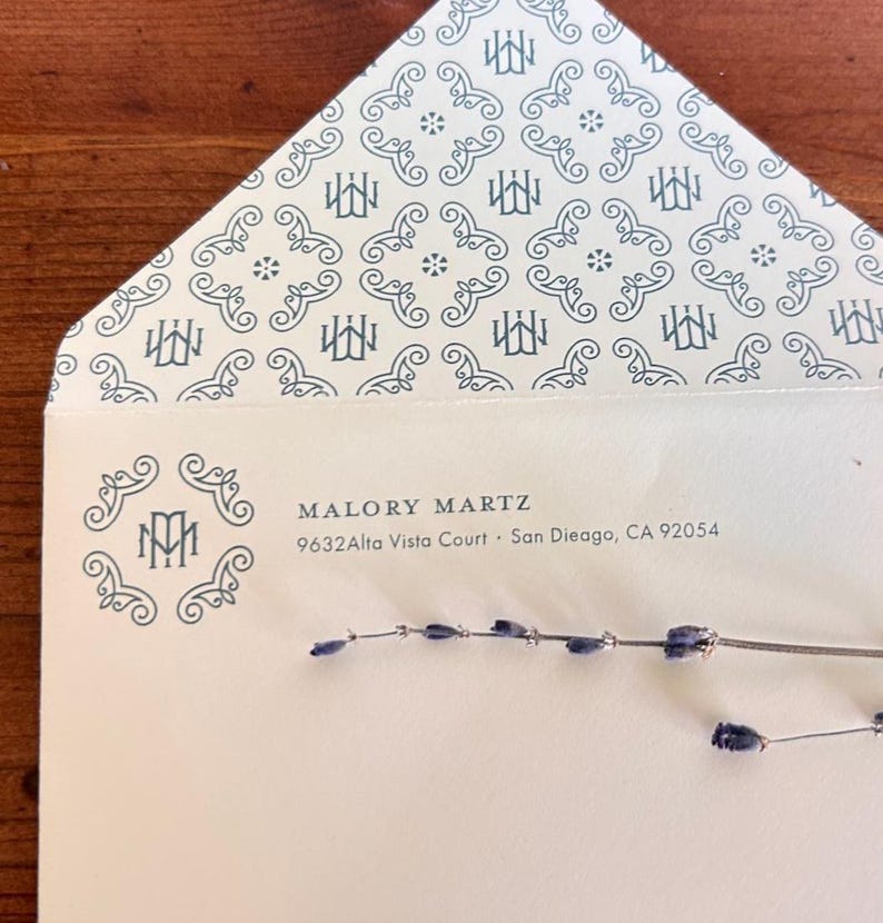 Personalized Monogram Stationery Set No. 1 | Handmade Envelopes, Custom Notecards, Green Pattern image 11
