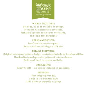 May include: A green and white graphic with the text "handboundbliss" and "created by: chrissy". The text describes the product as premium A2 notecards and envelopes, with personalization options and handcrafted envelopes.