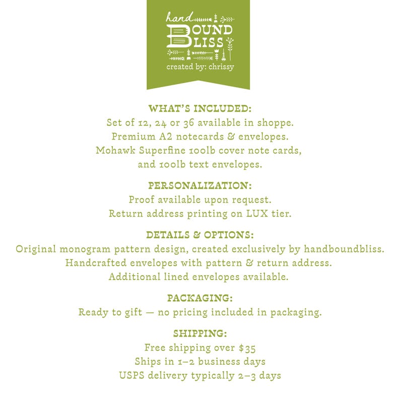 May include: A green and white graphic with the text "handboundbliss" and "created by: chrissy". The text describes the product as premium A2 notecards and envelopes, with personalization options and handcrafted envelopes.