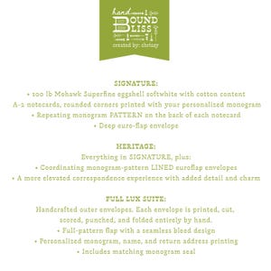May include: A product description card with the text "hand BOUND BLISS" in a green banner. The card details the "Signature", "Heritage", and "Full Lux Suite" options for stationery, including paper type, monogram details, and envelope features.