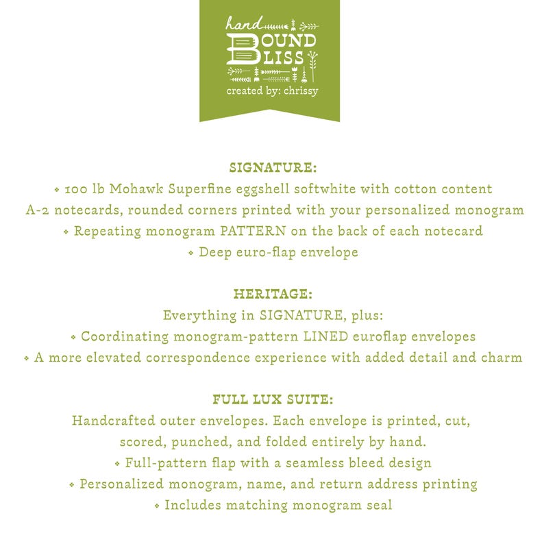 May include: A product description card with the text "hand BOUND BLISS" in a green banner. The card details the "Signature", "Heritage", and "Full Lux Suite" options for stationery, including paper type, monogram details, and envelope features.