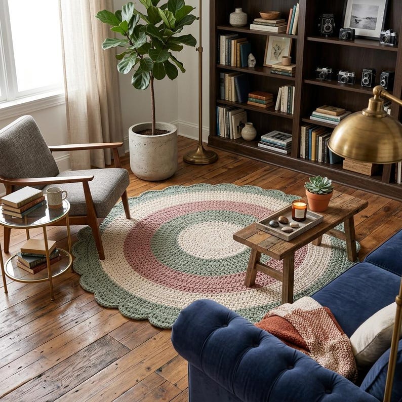 May include: A round, crocheted rug with a scalloped edge. The rug features concentric circles in cream, pale pink, and sage green. The rug is placed on a hardwood floor in a living room setting.