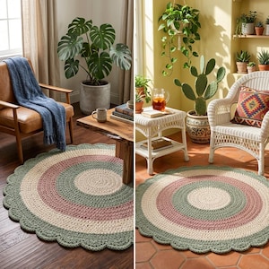 May include: A round, crocheted rug with a scalloped edge. The rug features concentric circles in cream, dusty rose, and sage green. The rug is displayed in a living room setting with a wooden coffee table and a leather chair.