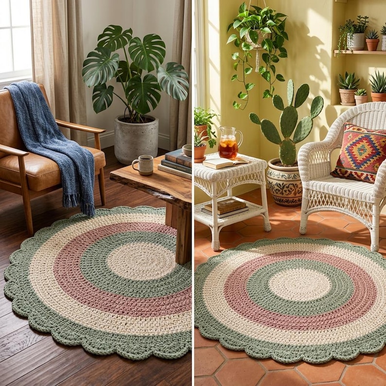 May include: A round, crocheted rug with a scalloped edge. The rug features concentric circles in cream, dusty rose, and sage green. The rug is displayed in a living room setting with a wooden coffee table and a leather chair.