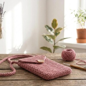 May include: A dusty rose crochet phone bag with a long strap and wooden button closure. A ball of matching yarn and a crochet hook sit on a rustic wooden surface. The bag is handmade and has a textured appearance.
