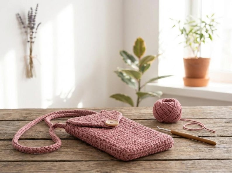 May include: A dusty rose crochet phone bag with a long strap and wooden button closure. A ball of matching yarn and a crochet hook sit on a rustic wooden surface. The bag is handmade and has a textured appearance.