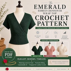 May include: A dark green crochet wrap top on a mannequin. The top has a crossover front and ribbed texture. The image includes the text "The Emerald Ribbed Crossover Wrap Top Crochet Pattern".