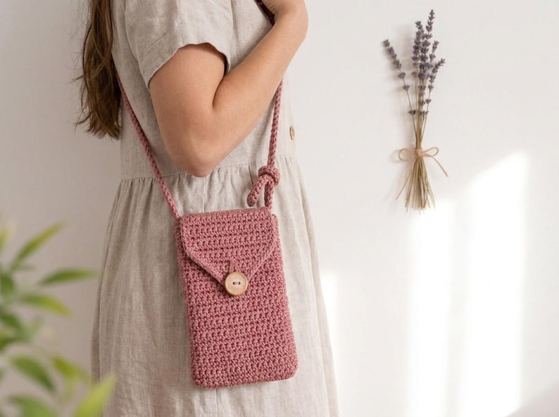 May include: A dusty rose crochet crossbody phone bag with a flap closure and a wooden button. The bag has a long, braided strap. A bundle of dried lavender is tied with twine on a white wall.